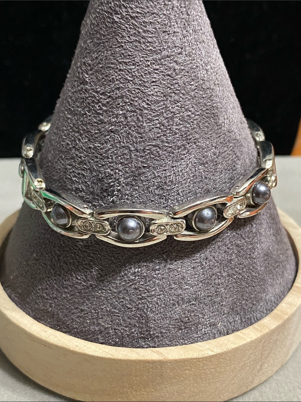 Stainless Steel Bracelet with Gray Pearl Beads and Crystal Accents